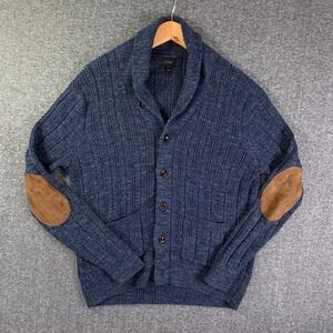 J Crew Knit Cardigan Sweater Men Medium Blue Elbow Patches Shawl Donegal Modern